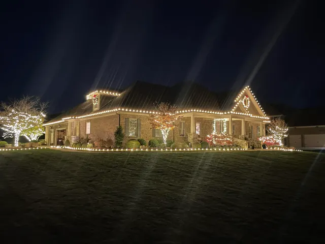 Christmas roofline and lawn-edge lights around a brick home