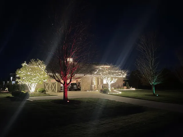 Christmas roofline lighting and colored tree lights across a front yard