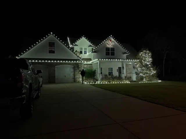 Christmas display with roofline lighting and an illuminated tree