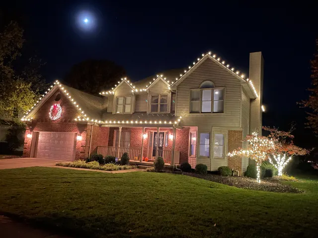 Christmas lighting outlining a home beneath a moonlit sky