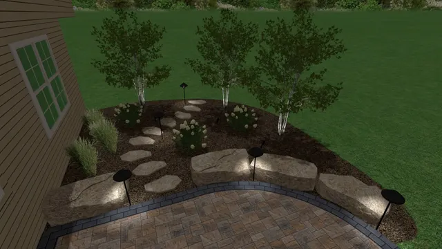 Design rendering of a curved patio edge and planting bed